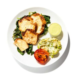 Coastal Slow Baked Chicken with garlic spinach & potatoes